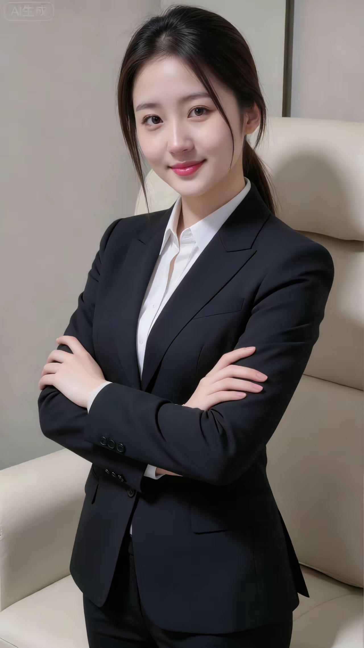 职场女强人，自信满满，黑色西装搭配白色衬衫，气场十足！