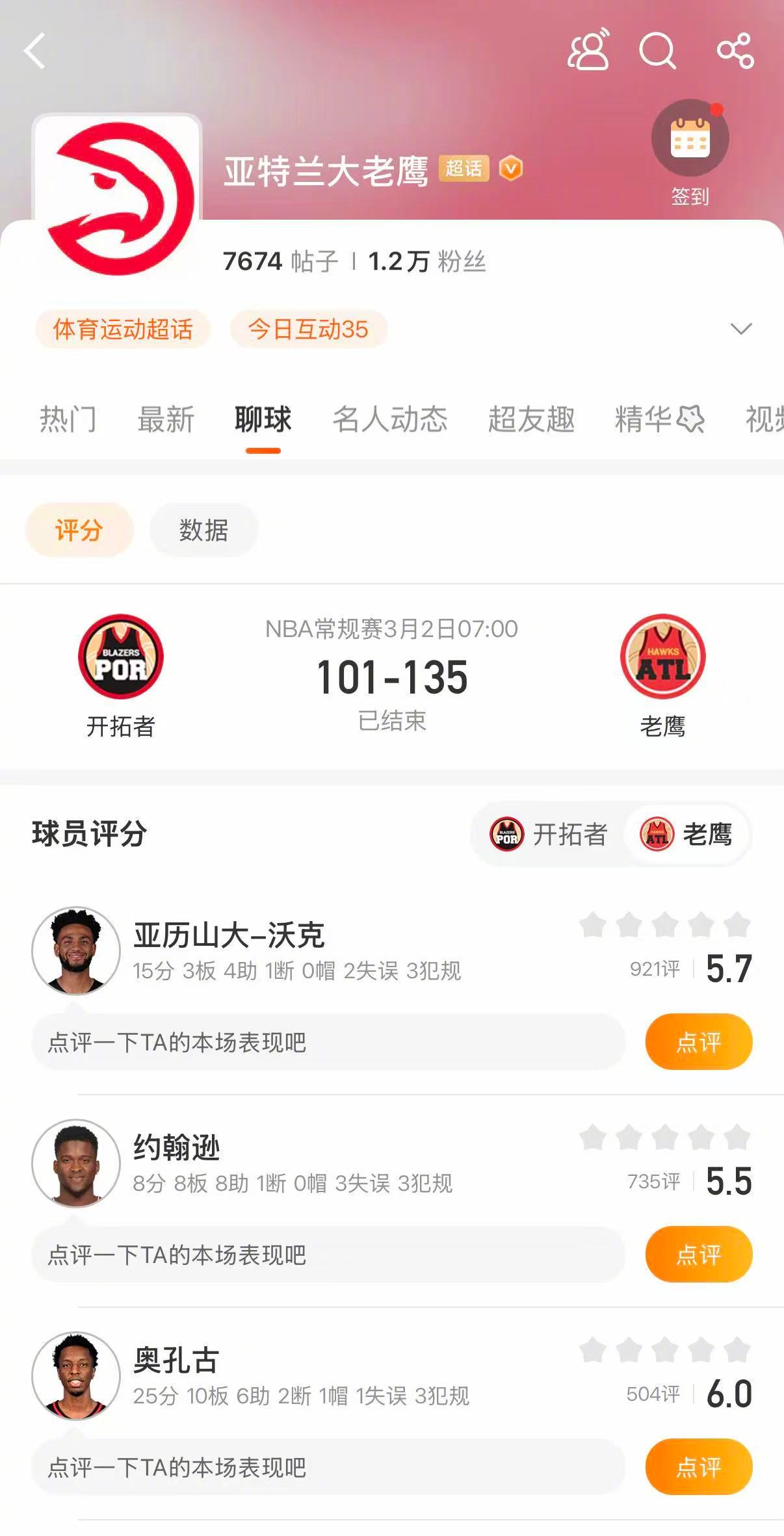 老鹰战胜开拓者 老鹰135-101大胜开拓者。奥孔古25分10篮板6助攻，库明加