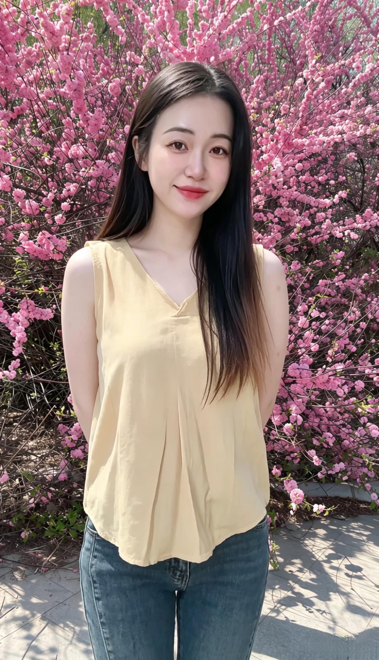 粉色的花，在你身后铺成一片海
你走进去，就成了海中央的白帆
发丝垂落，和花枝一起