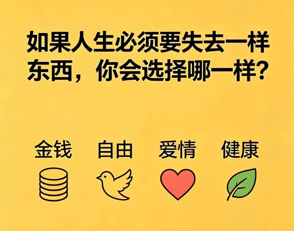 假如人生必须要失去一样东西，但另外三样就能得到，你会选择失去哪一样？
1.金钱