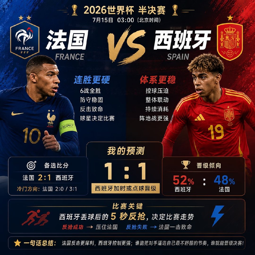 北京时间7月15日凌晨3点，世界杯半决赛打响： 🇫🇷 法国 vs 西班牙 ?