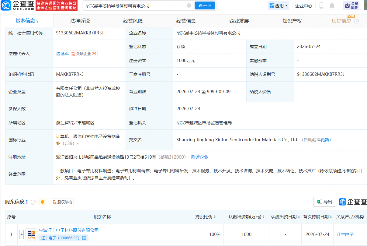 江丰电子投资成立半导体材料公司