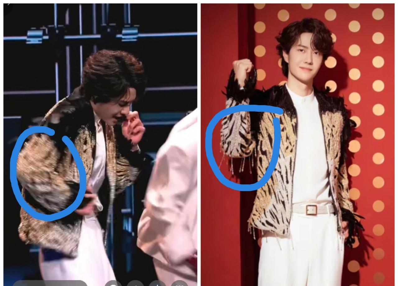 谁能想到，一个珠子竟然引发这么大的猜测？
王一博舞台上这套衣服，宣传照里袖子有珠