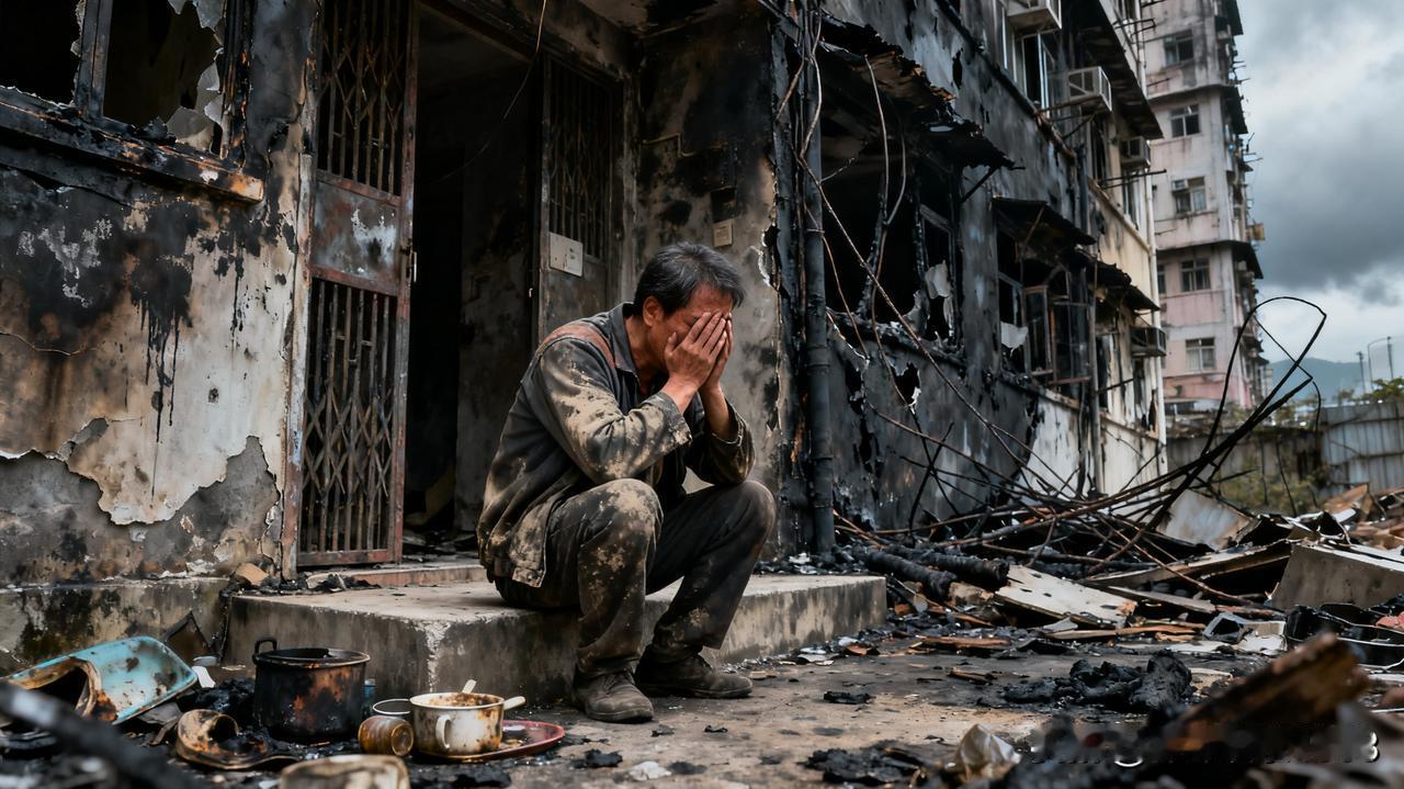 香港灾后，张先生蹲在焦黑的家门前红了眼 —— 那是他和妻子攒 30 年血汗买的房