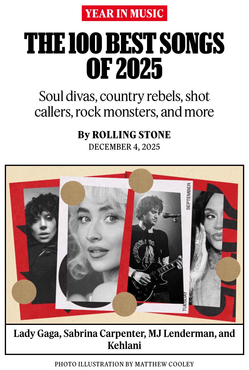 姐妹们集体尖叫到天明！！！Rolling Stone刚刚揭晓2025年最佳歌曲榜