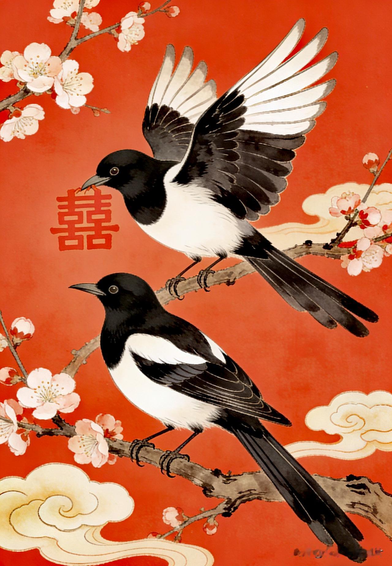 双鹊报喜登梅梢，
吉祥如意满华堂。