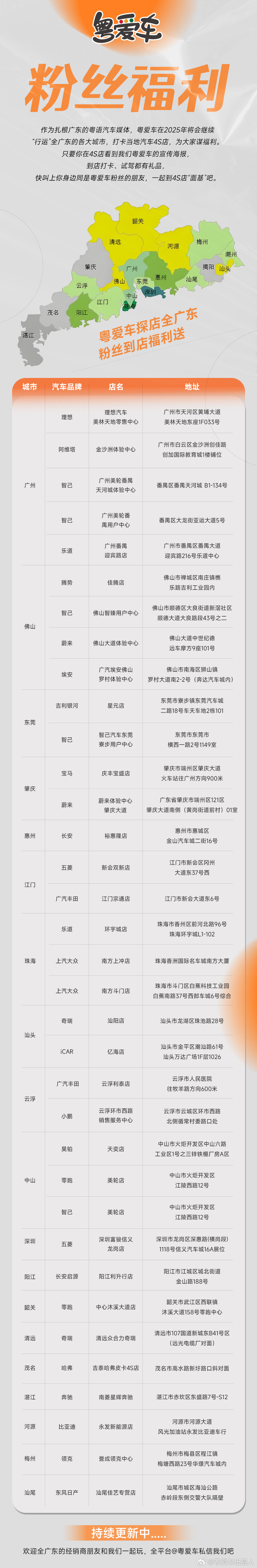 粤爱车粉丝福利已经涵盖广东省的19个城市！⭐️广州、佛山、东莞、肇庆、惠州、江门