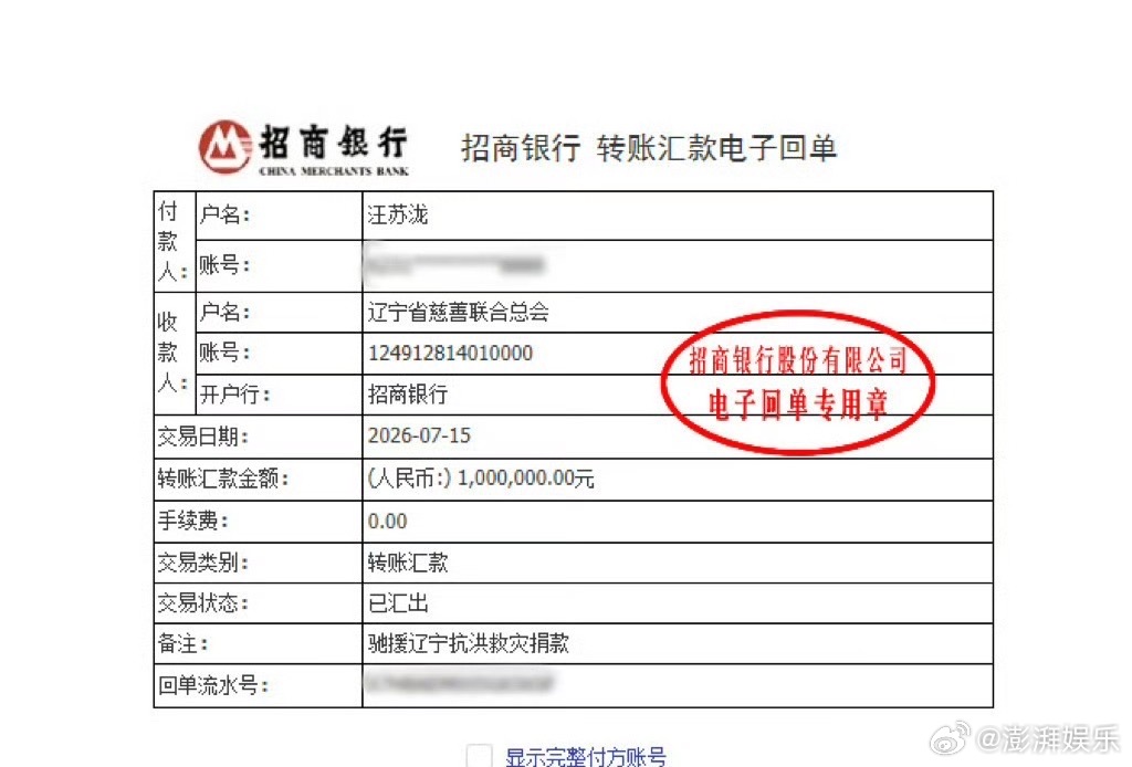 众星驰援沈阳汪苏泷是沈阳人，二话不说直接捐了100万，钱到账才算数。白敬亭最早打