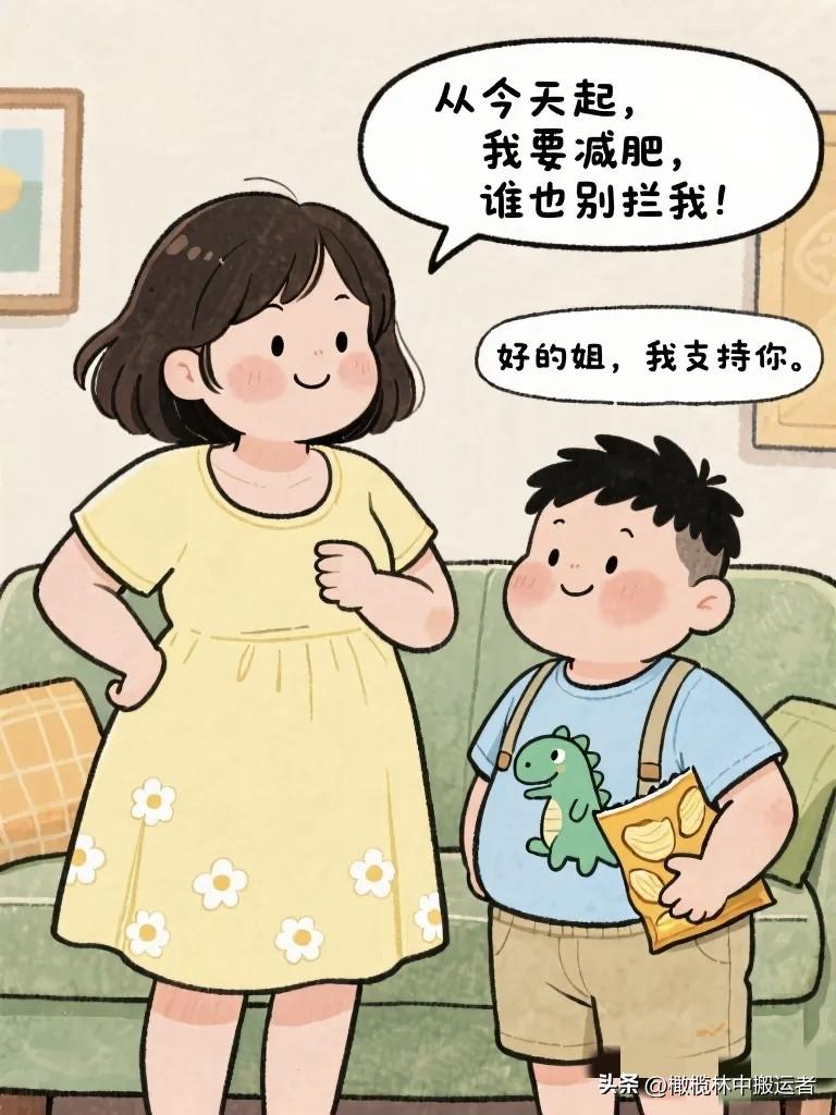 搞笑漫画：姐姐郑重其事地宣布：“从今天起，我要减肥，谁也别拦我！” 弟弟默默把薯