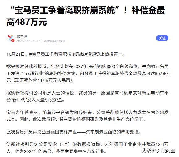 宝马裁员补偿487万，结果内部系统被挤崩了

宝马计划2027年底前削减8000