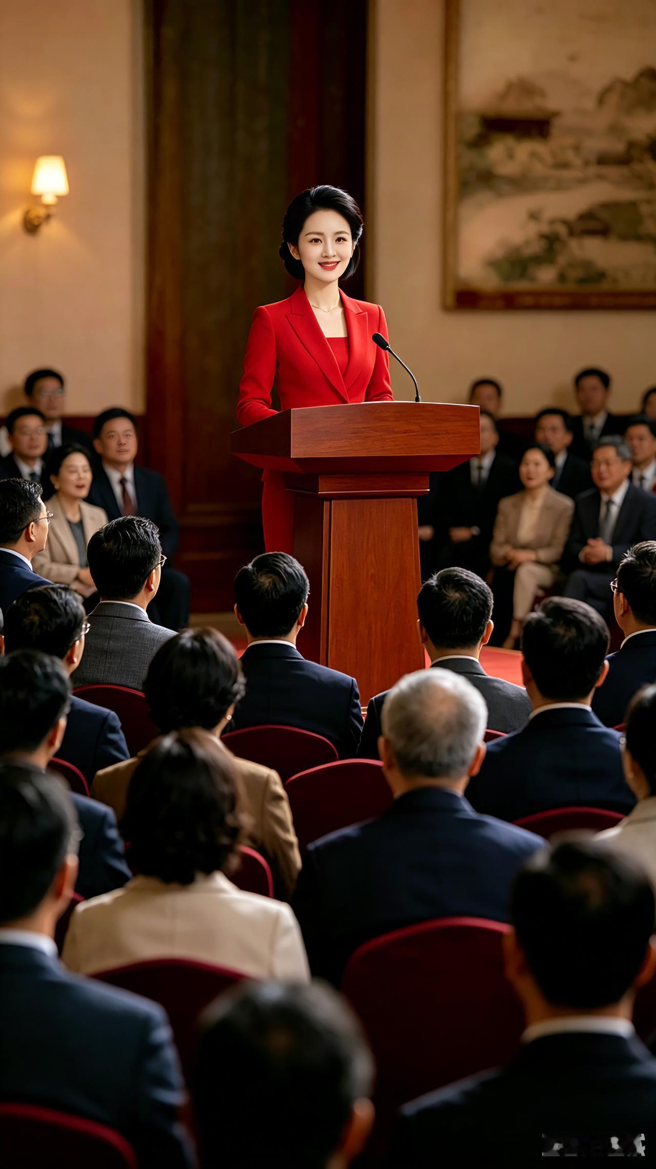 观红装女子登台演讲有感
一袭红衫俏立讲台，明眸含笑倾抒襟怀。
胸藏山河凌云之志，