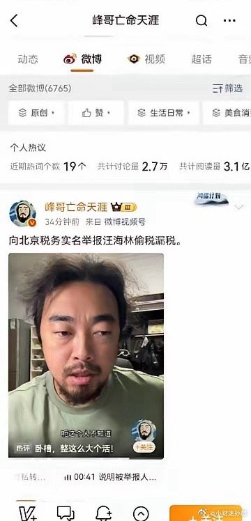 峰哥实名举报汪海林偷税漏税网名峰哥亡命天涯的博主，向北京税务实名举报编剧汪海林偷