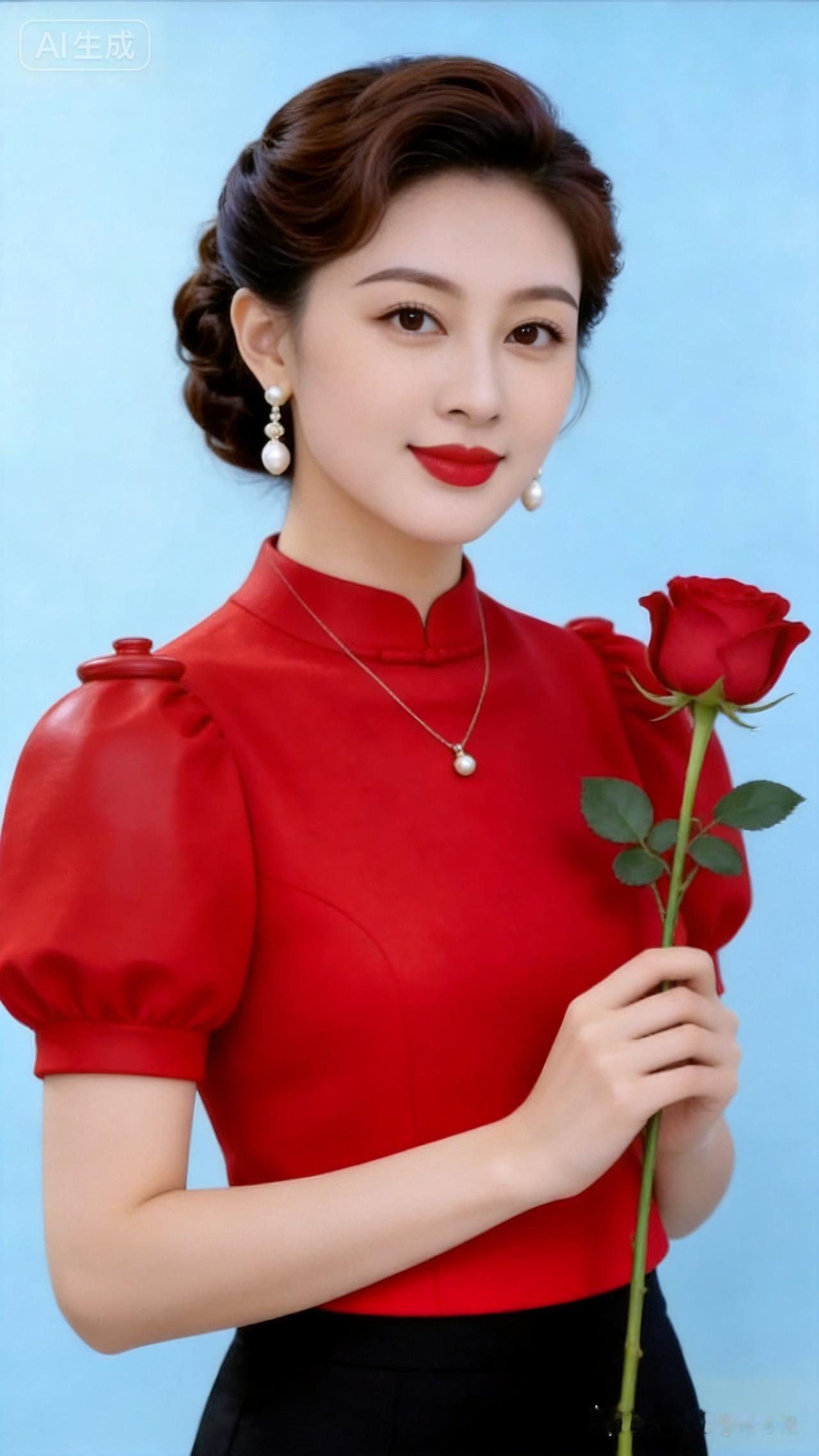 优雅红衣美人，手持红玫瑰，复古风情满满🌹💄👗