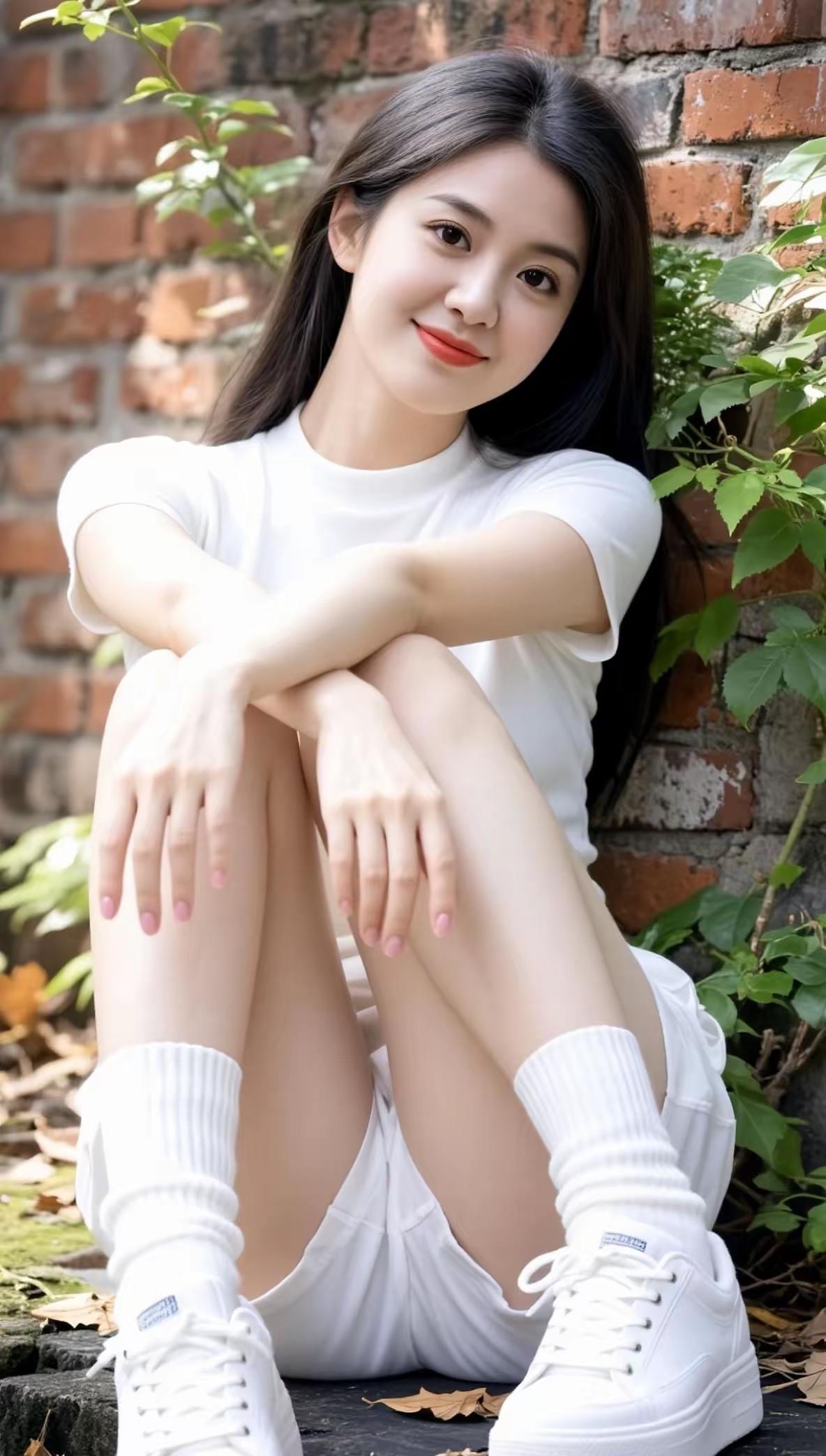 阳光下的白衣少女，清新自然，青春洋溢！🌞👗👟