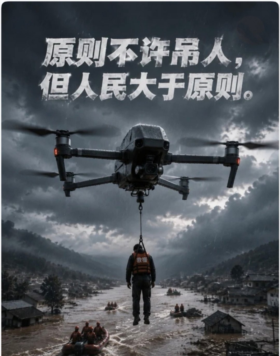 大疆回应无人机救援吊人平时无人机是不能吊人的，洪水把人困住，救援船开不过来，这种