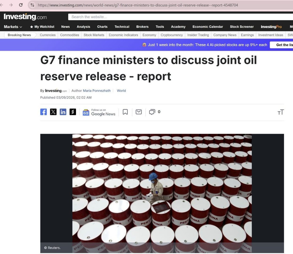 【G7将讨论共同释放紧急原油储备】2026年3月9日investing.com 