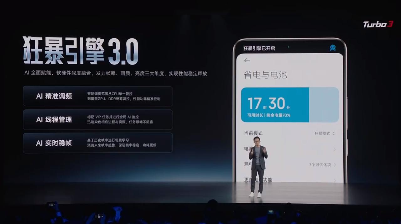 Redmi Turbo 3除了搭载旗舰级的第三代骁龙8s处理器之外，还拥有狂暴引