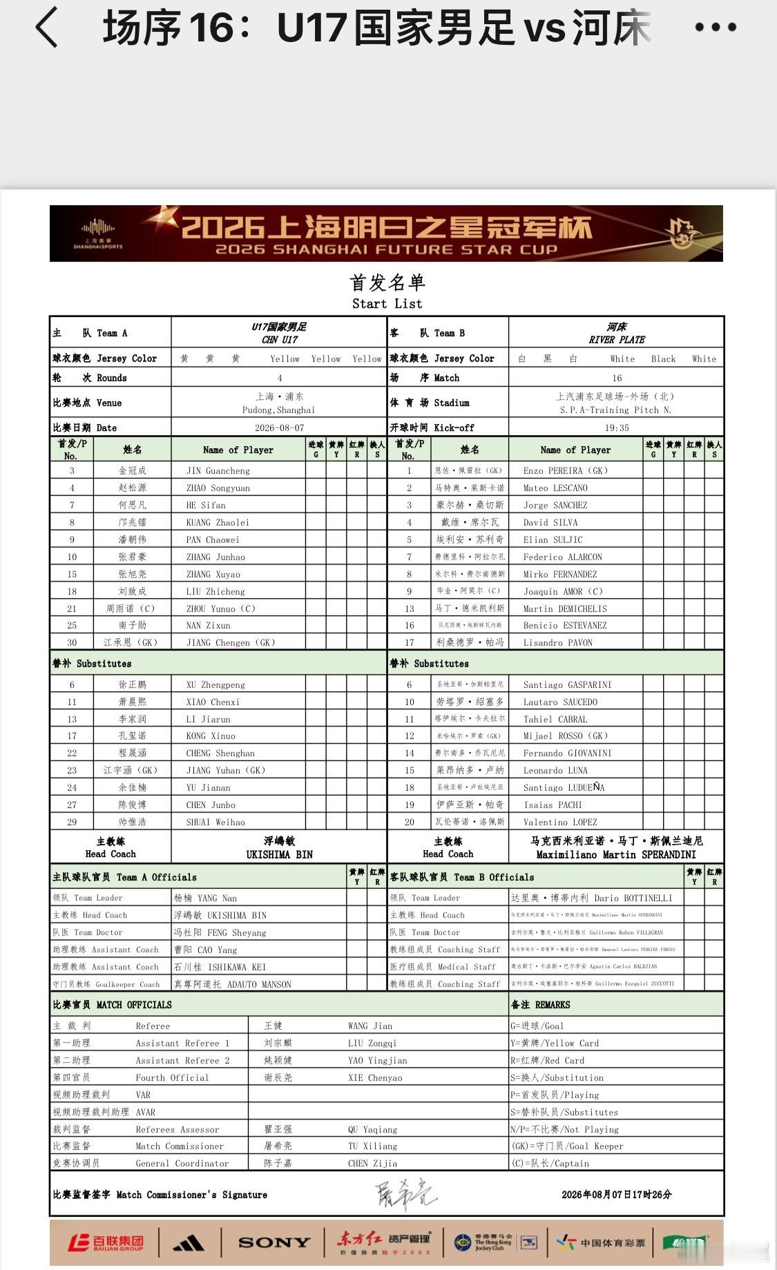 2026上海明日之星冠军杯半决赛，U17国少对河床队首发名单中国足球u17国足上