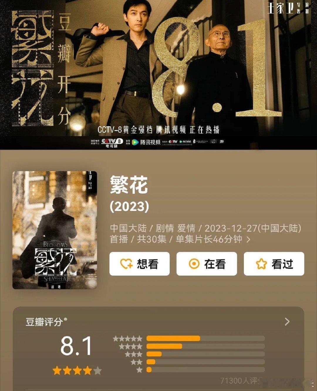 胡歌，唐嫣等主演的《繁花》开分，目前 8.1 分，大家觉得评分高了还是低了 ​​