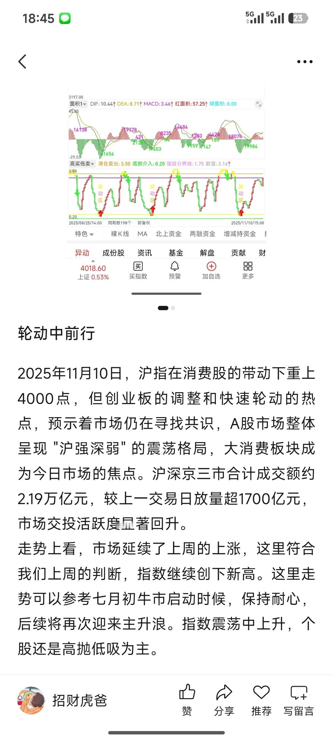 指数分化，消费独秀；量能回暖，轮动加速。短期重节奏，中长期看基本面。静待轮动中拉