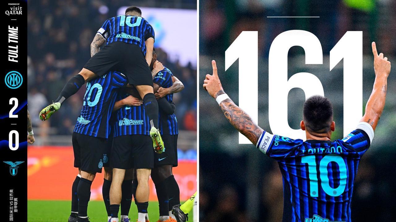 意甲：国际米兰主场2-0击败拉齐奥，3连胜登顶榜首。
劳塔罗开场闪击，博尼建功，