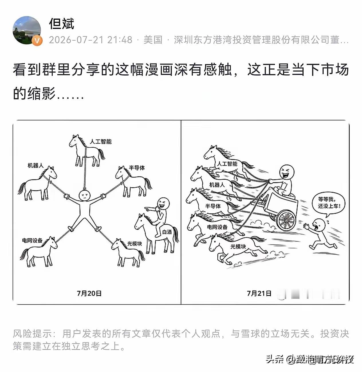但斌转发的，当下市场缩影漫画：
图一：前几日科技股暴跌，不论是人工智能、光模块、