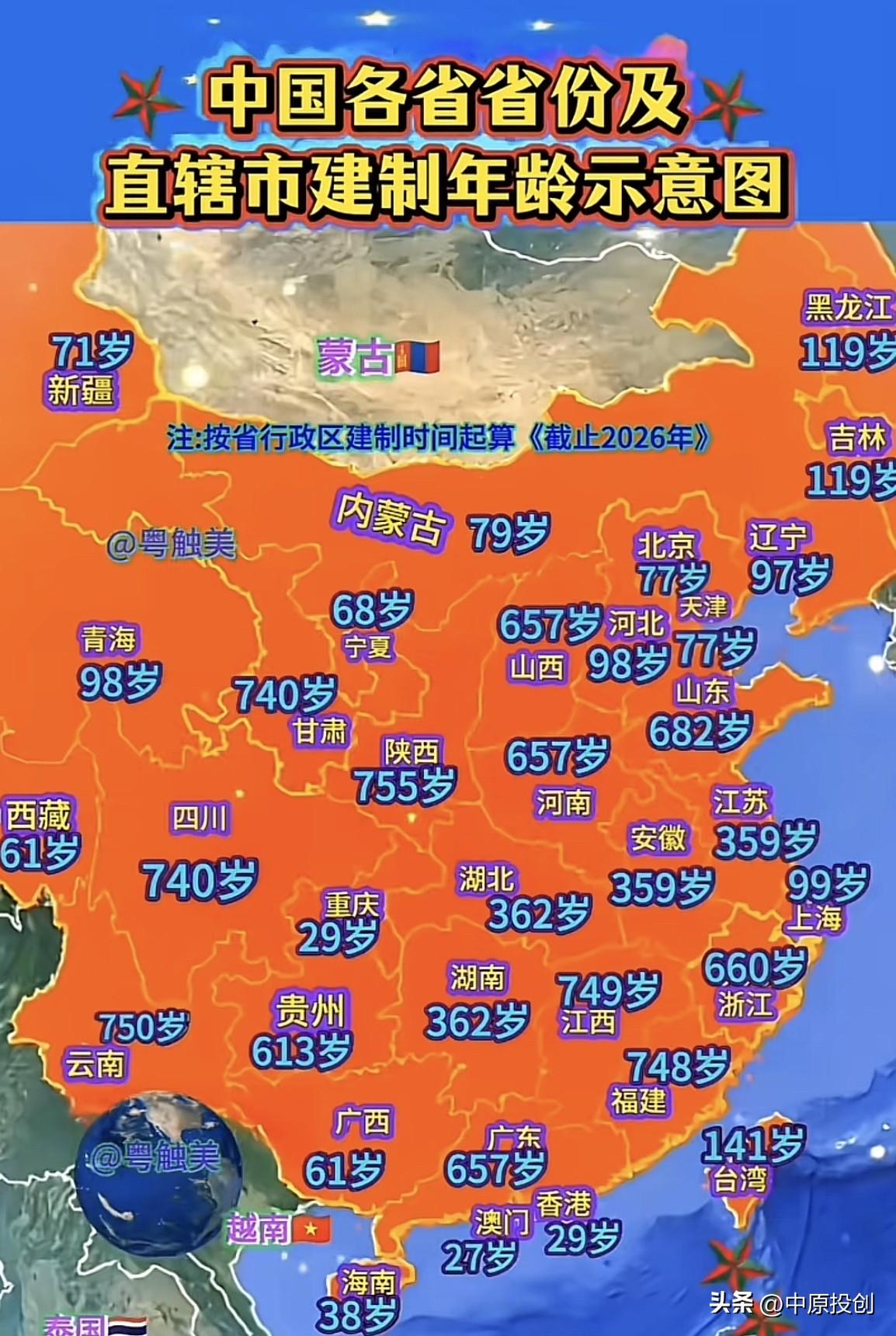 最长755年！一图看全中国各省份/直辖市建制年龄！

今天朋友聚会，聊起所在城市
