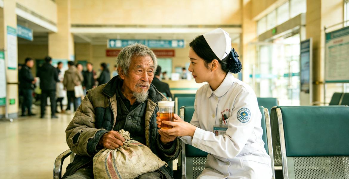 拾荒老人连续5年在医院大厅取暖，护士从没赶过他，护士被调走那天，大爷突然说：跟我