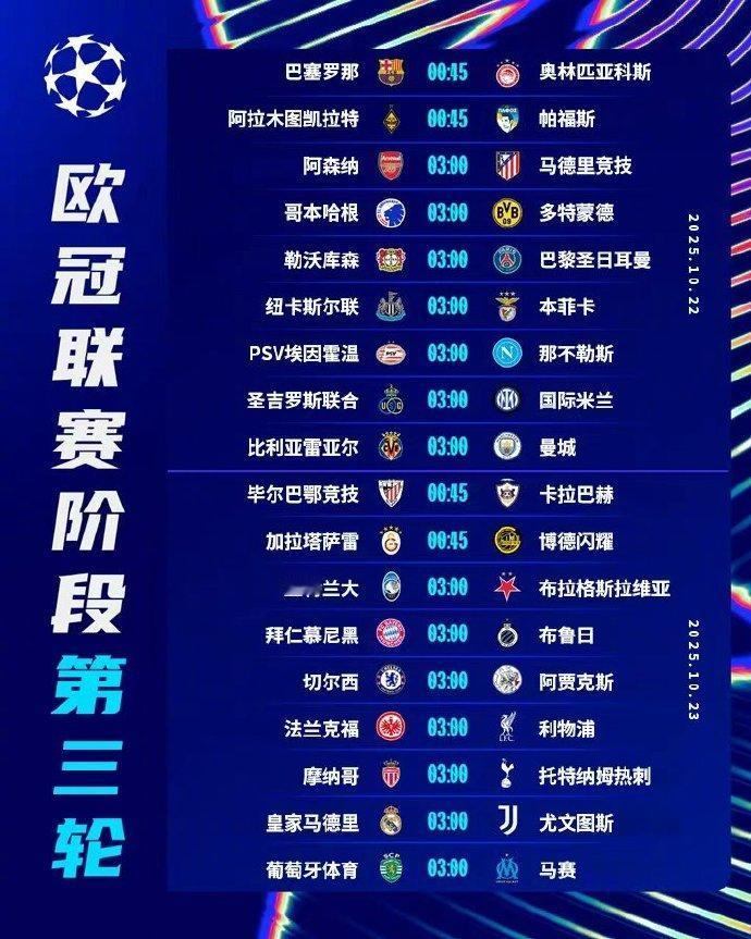 足球：欧冠联赛阶段第三轮明天凌晨开打！