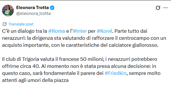 罗体Trotta：罗马与国米正在就科内进行对话，一切都是由国米方面发起的，他们正