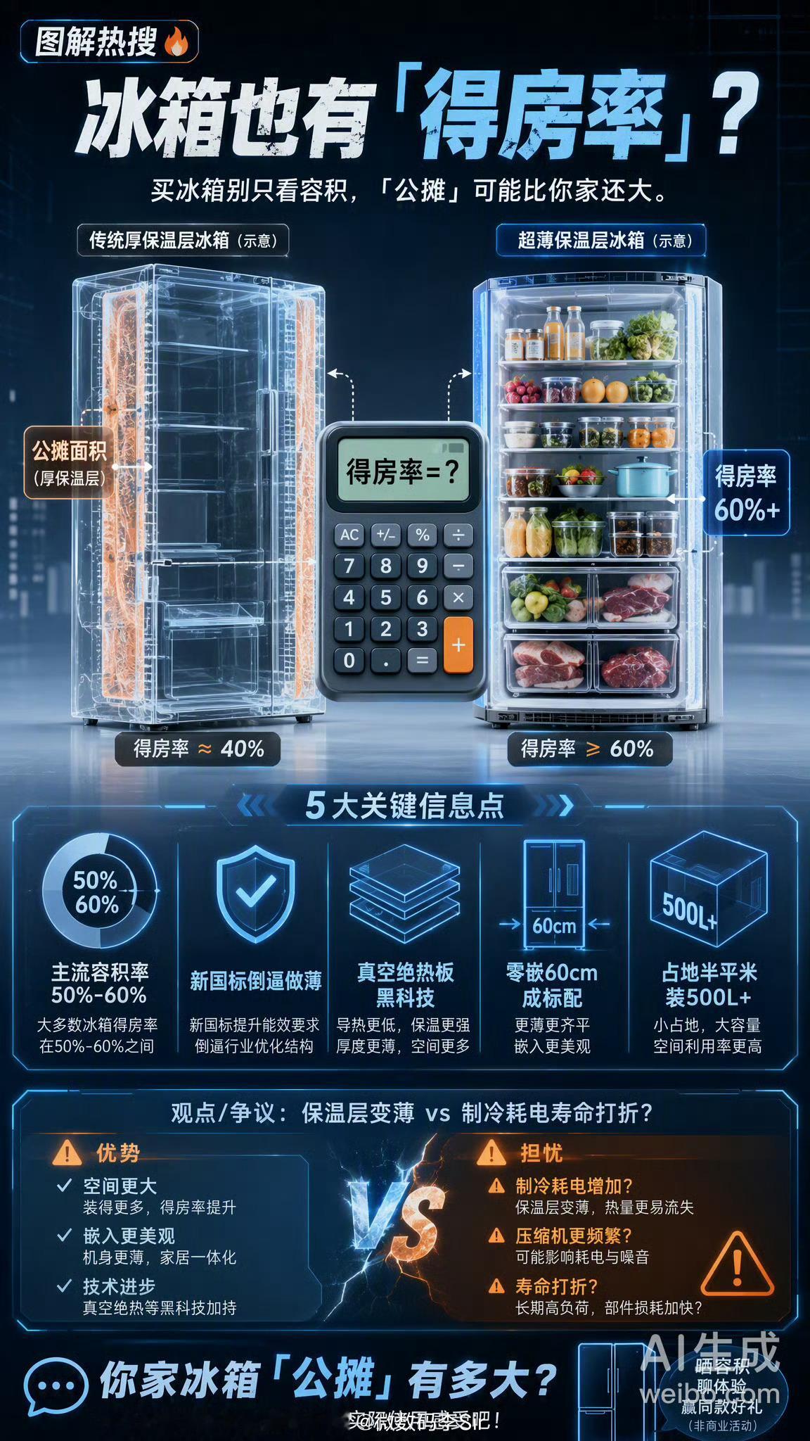 快算算你家的冰箱得房率 买冰箱别只盯容积！标称升数只是建筑面积，实际能装多少还得