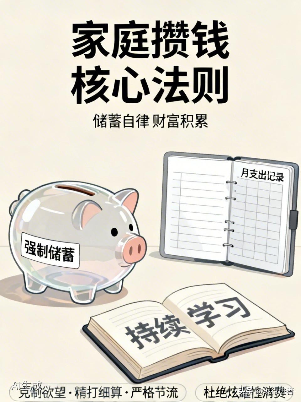 普通家庭攒钱的核心法则：克制欲望、精打细算、严格节流。拒绝消费主义陷阱，杜绝非必