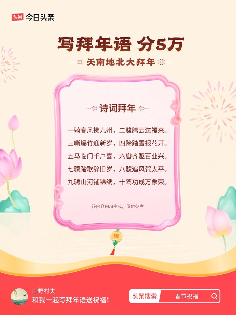 写拜年语送祝福新春拜年送祝福！我的祝福是：“一骑春风拂九州，二骏腾云送福来。三嘶