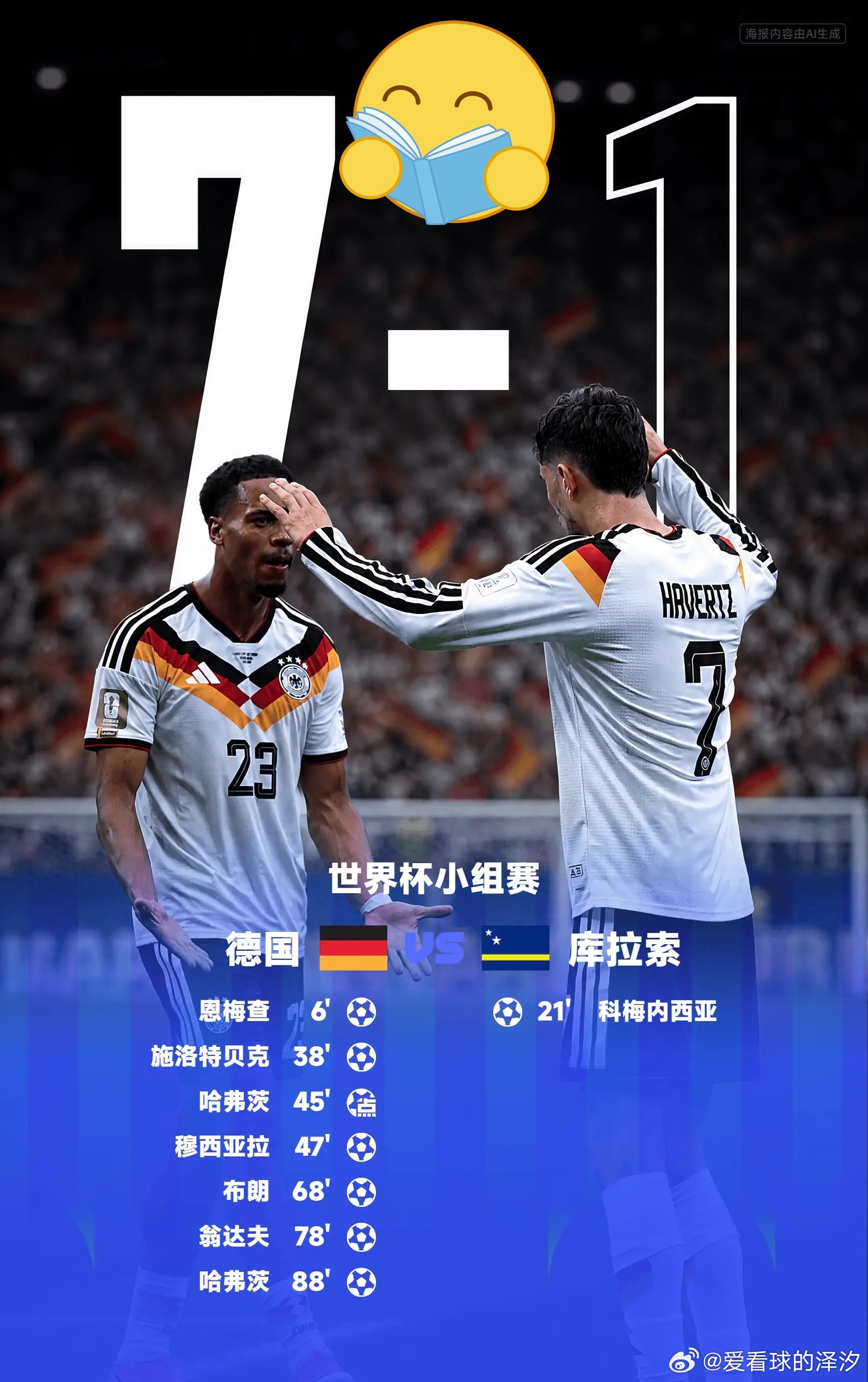 北京时间2026年06月15日01:00，德国在世界杯小组赛迎战库拉索。上半场费