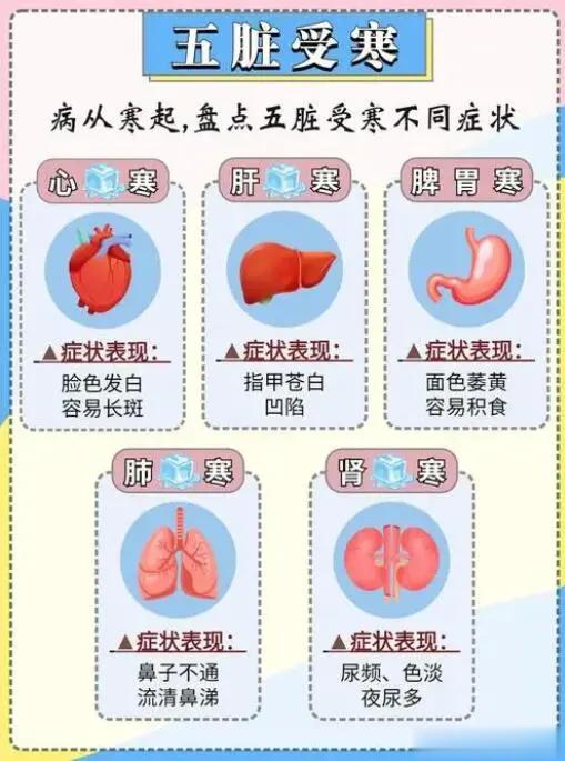 五脏有寒都有哪些症状心有寒：胸闷、脸色苍白，出冷汗，嘴唇发青或暗，爱长斑。肝有寒