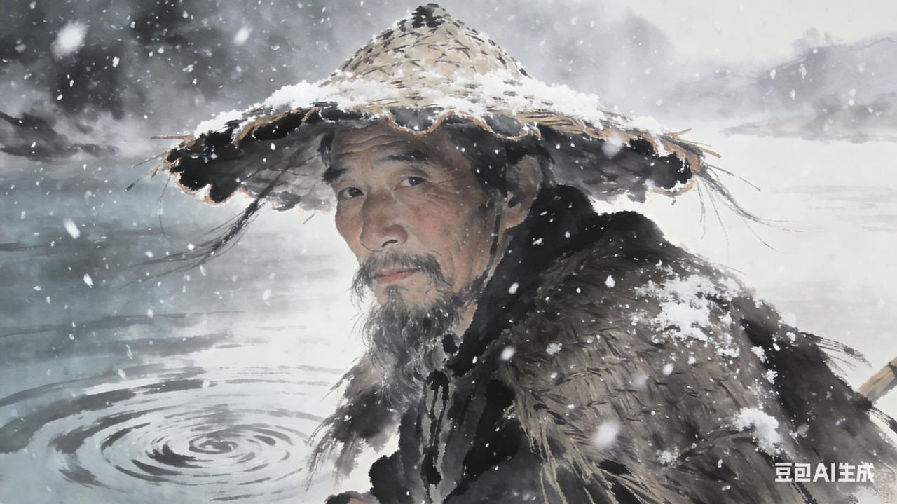 千山寂，
万径灭。
孤舟一叶，
蓑笠翁，
独钓寒江雪。
雪无声，
风冽冽，
一竿