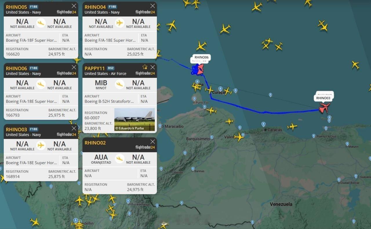 蹭蹭又不敢进去目前在飞行雷达上可见多架 F/A-18“大黄蜂”式战斗机的飞行路线