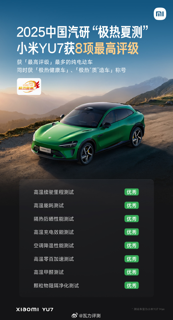 小米YU7中国汽研极热夏测成绩  其实有了SU7这一年的各种场景和事件的“厮杀”