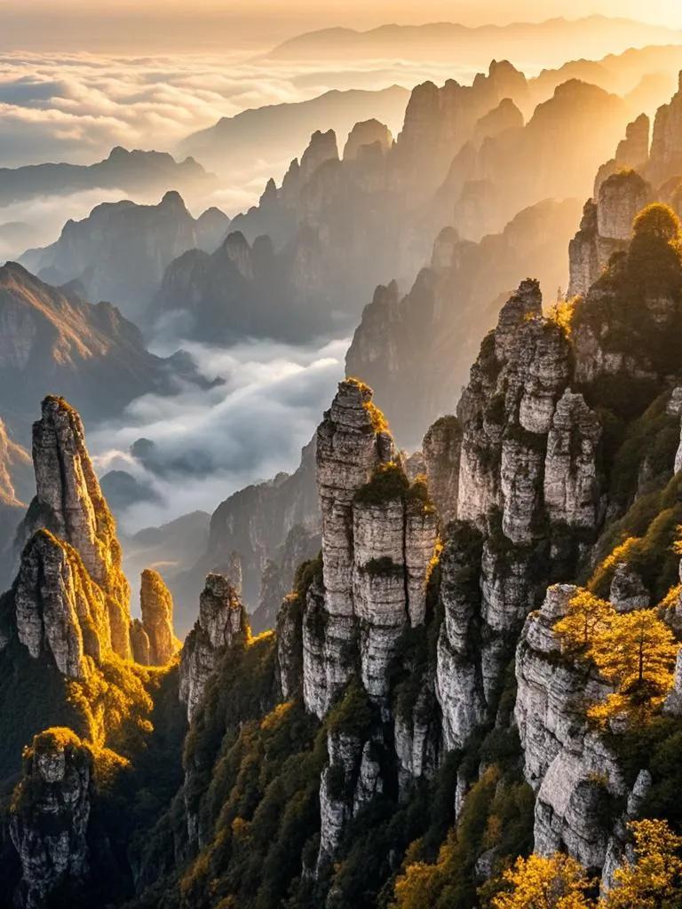 白石山深谷阴影与光交织，如大地怀抱盛纳热情，金红光线蔓延，绘就神秘温柔画卷。醉赏