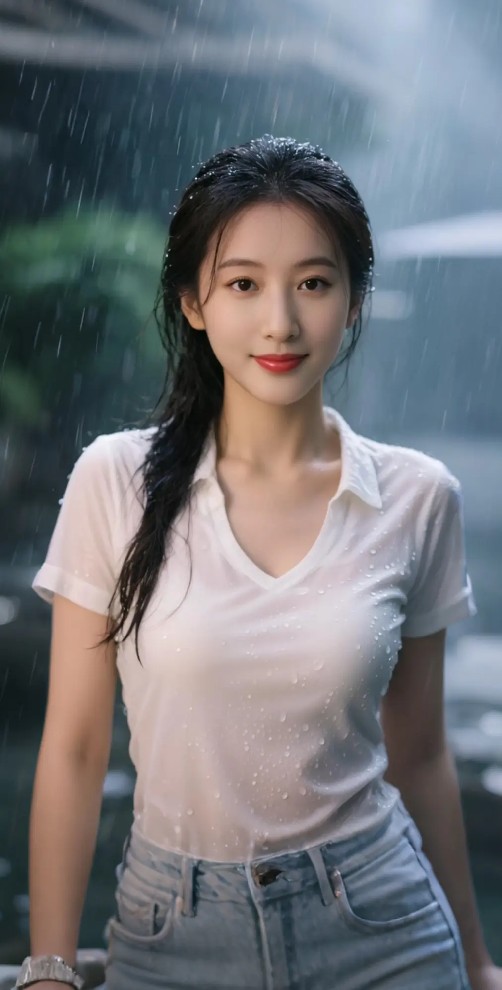 AI扩图 AI雨中佳人