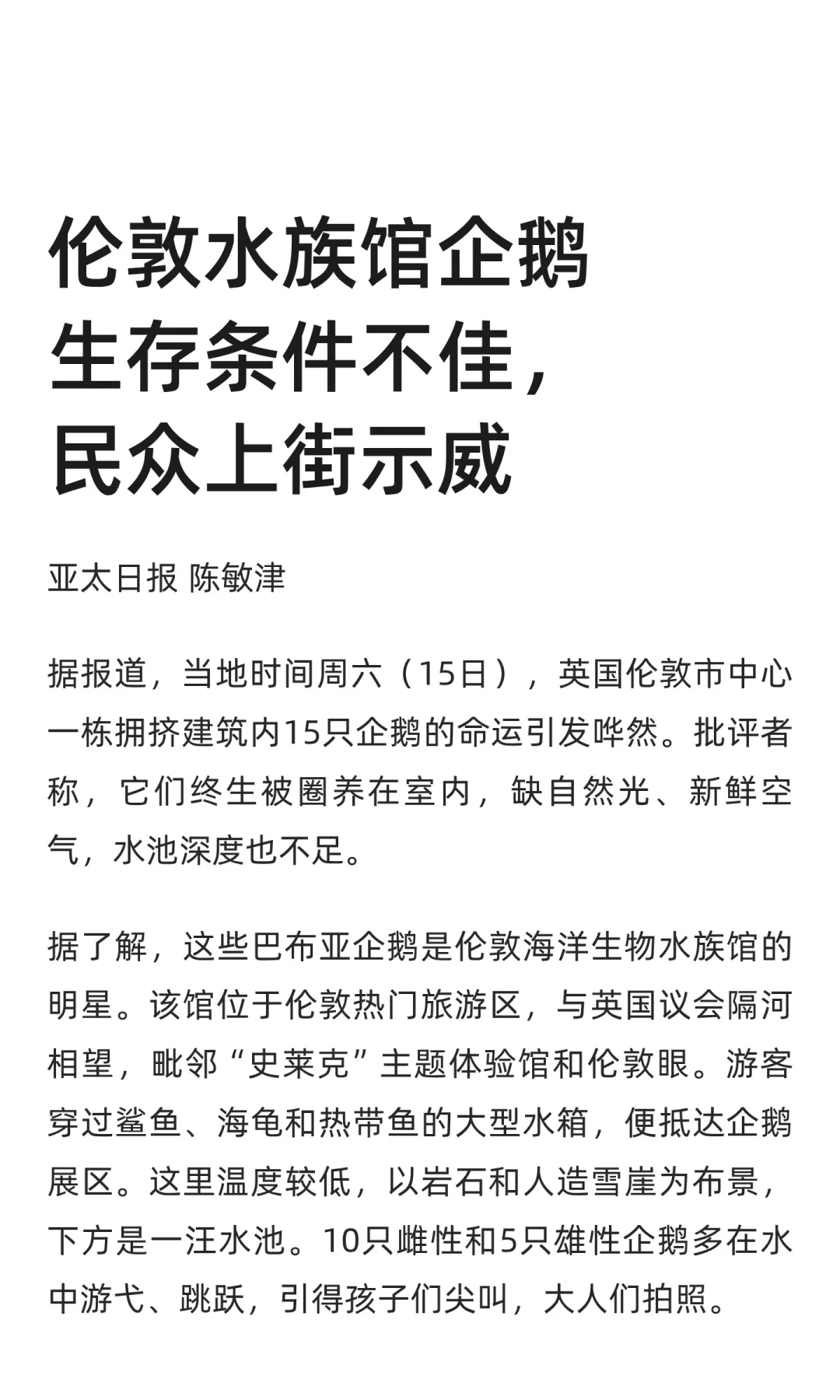 伦敦水族馆企鹅生存条件不佳，民众上街示