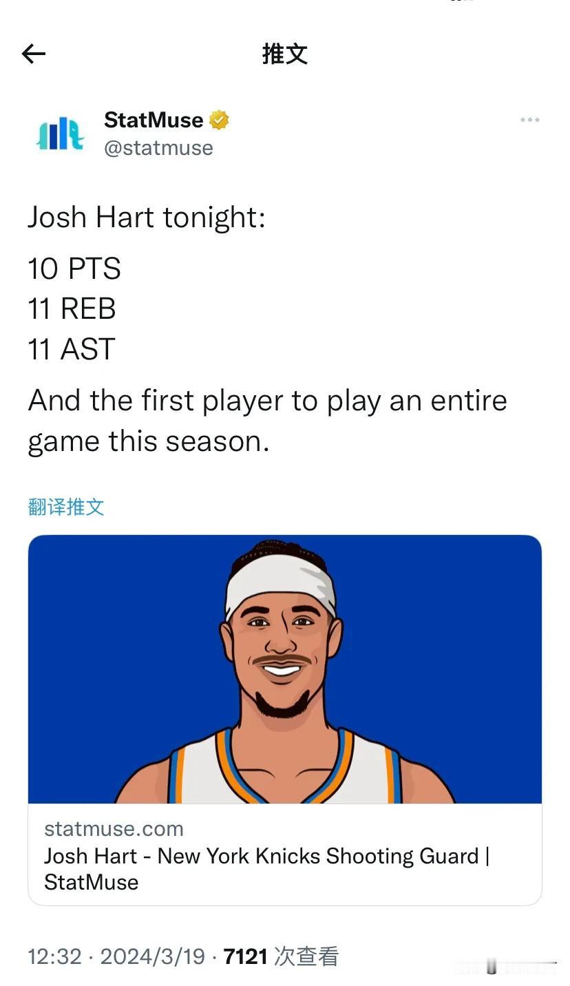 哈特真是铁人呀，成为NBA本赛季第一个打满全场比赛的球员，他今天拿到了10分、1