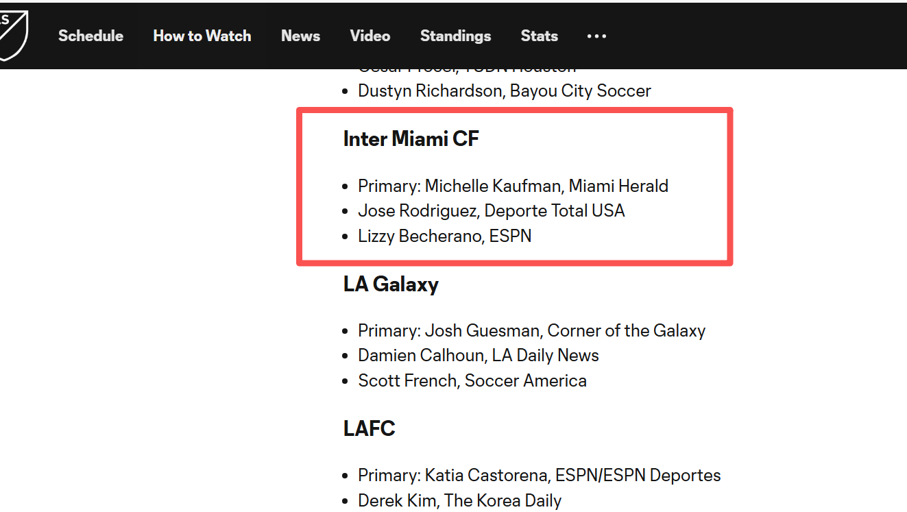 美职联官方在几天前公布了各俱乐部官方跟队记者名单，迈阿密国际跟队记者分别是迈阿密