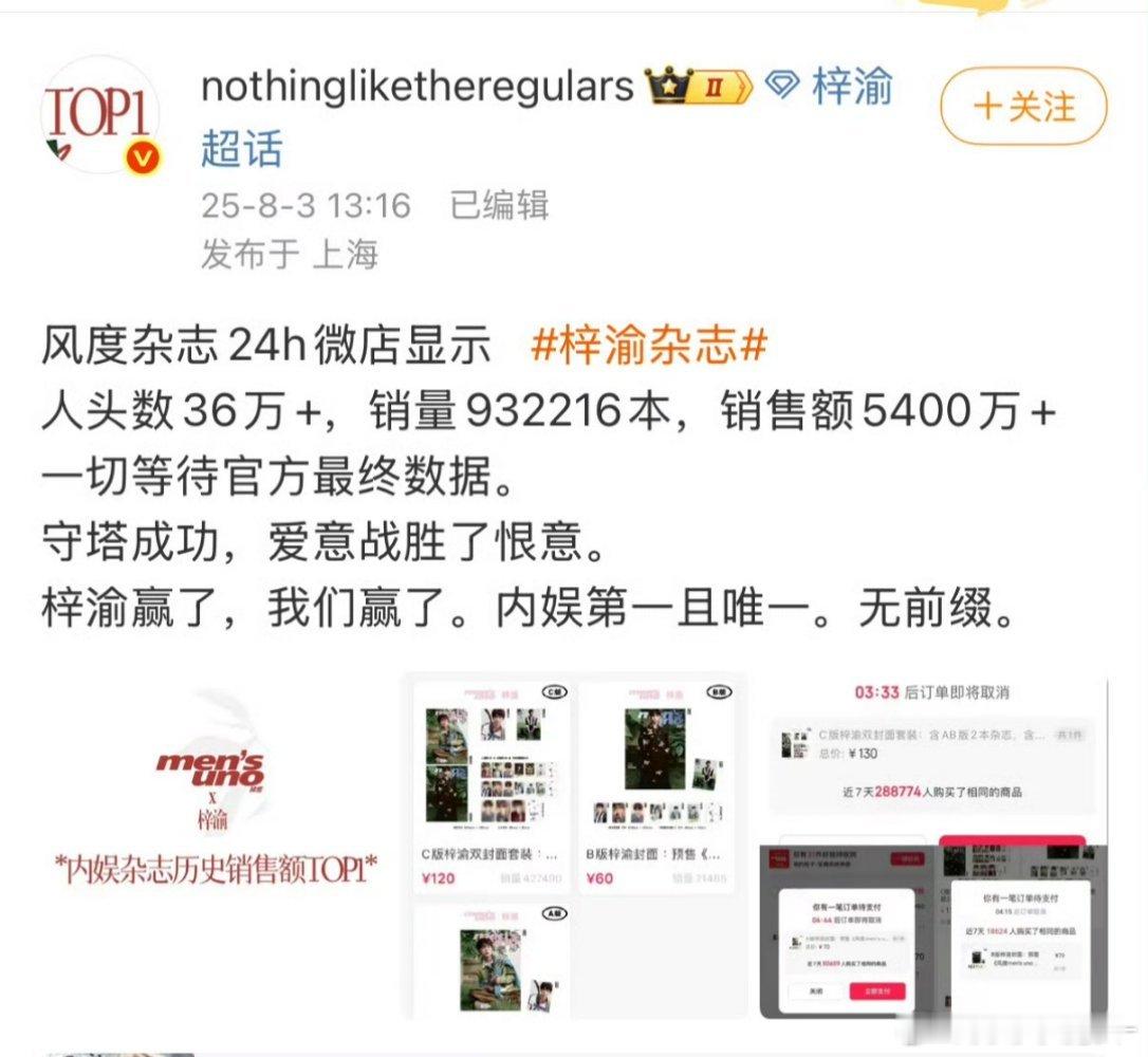 梓渝杂志销量战报来了！24小时5400w+，内娱杂志历史第一 ！人头有36万➕，