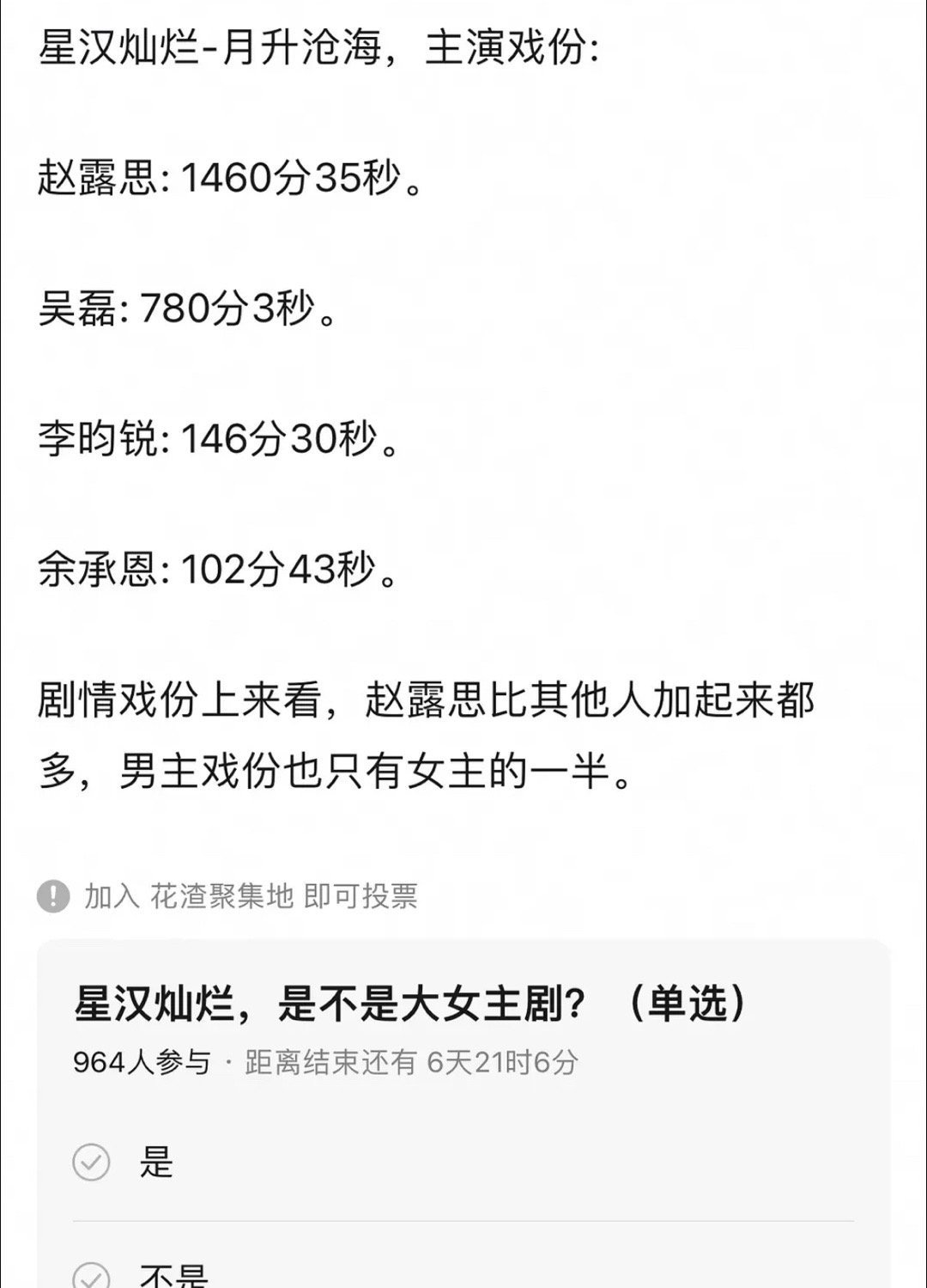 投稿，网友统计星汉灿烂赵露思戏份是吴磊的两倍其他主演戏份加起来都没赵露思的多所以