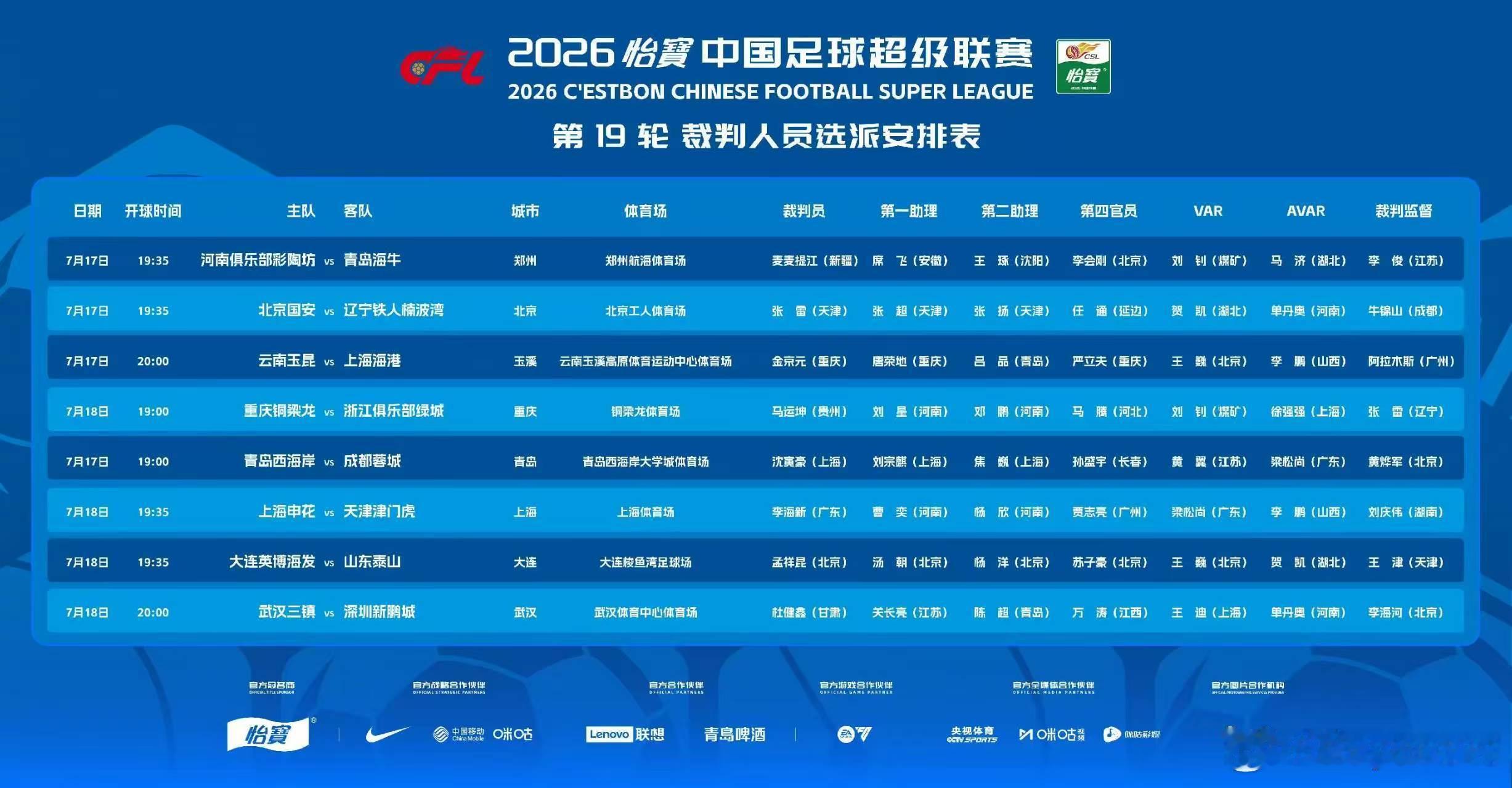 成都蓉城中超联赛一起登场 【裁判安排】2026怡宝中国足球超级联赛第19轮青岛西