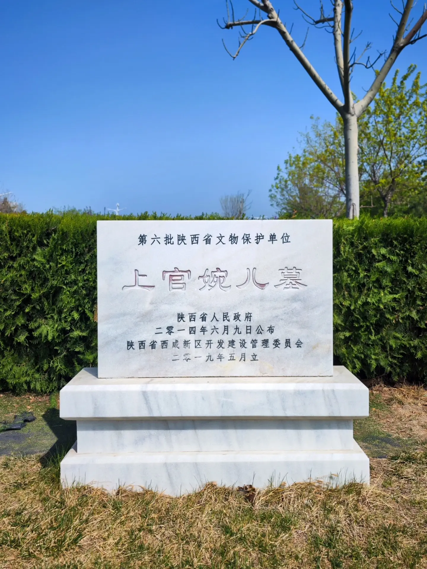 大唐故昭容上官婉儿墓。“潇湘水断，宛委山倾。珠沉圆折，玉碎连城。
甫瞻松槚，静听坟茔。千年万岁，椒花颂声。