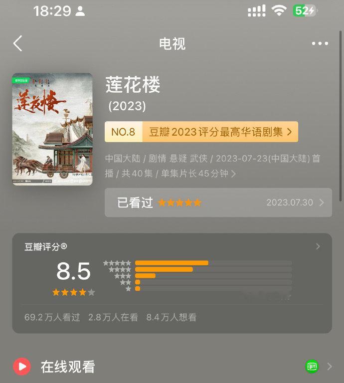 成毅一番男主剧《莲花楼》开播一周年，豆瓣评分8.5，超70万人评分，李莲花不愧是