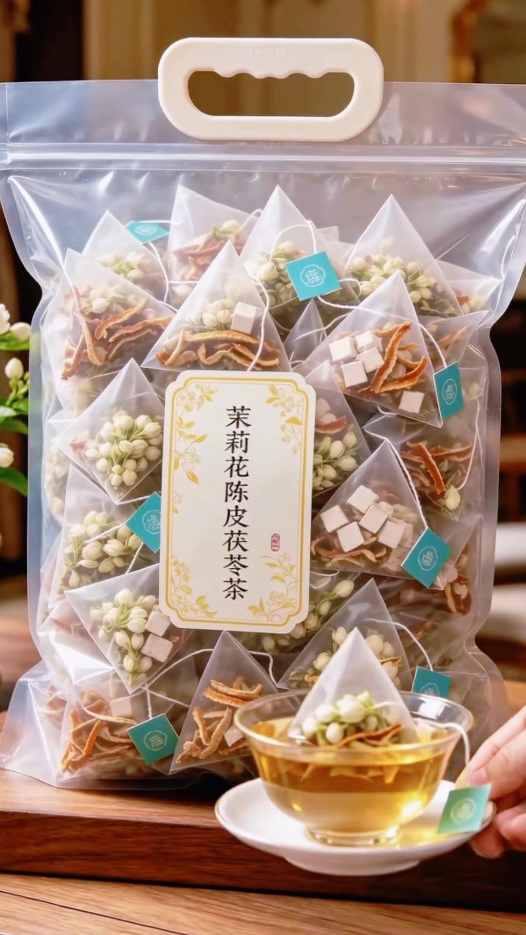 三角茶包看得见满满真材实料，陈皮、茉莉、茯苓原料清晰不掺碎渣，独立分装...