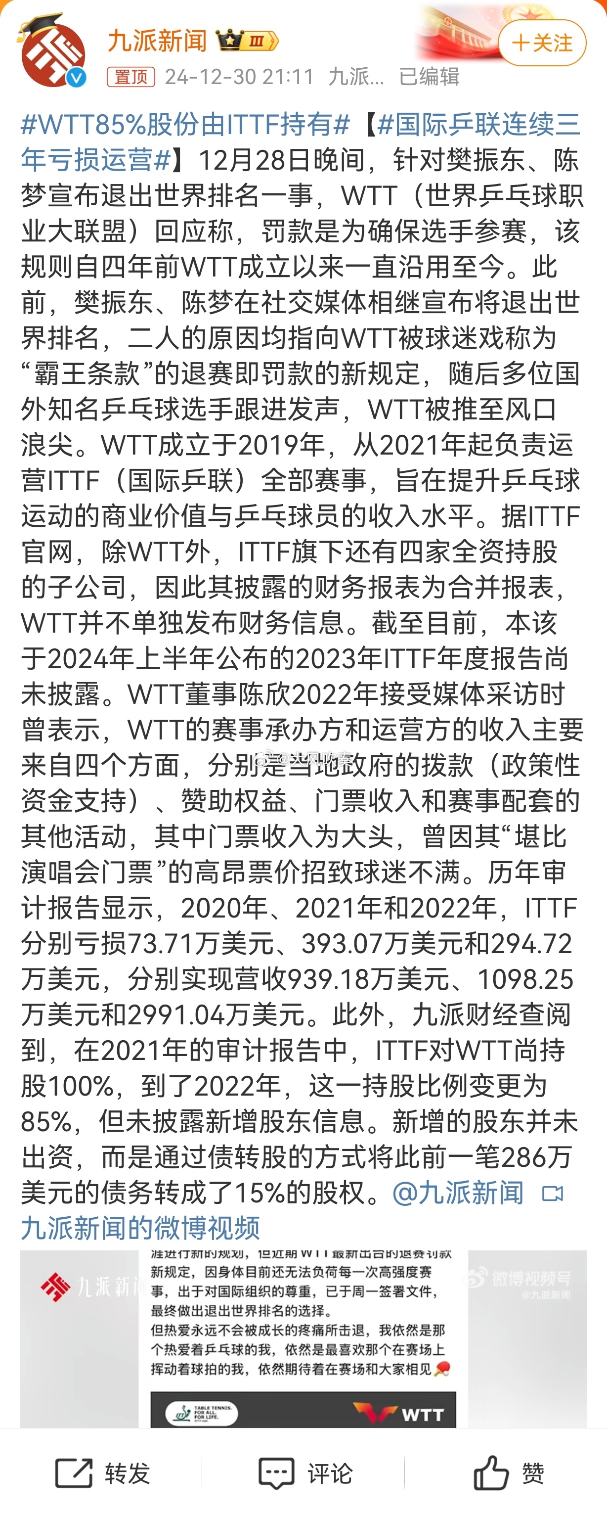 国际乒联连续三年亏损运营 l别看组织亏了，但是组长的合作商、中介商可不一定亏啊，